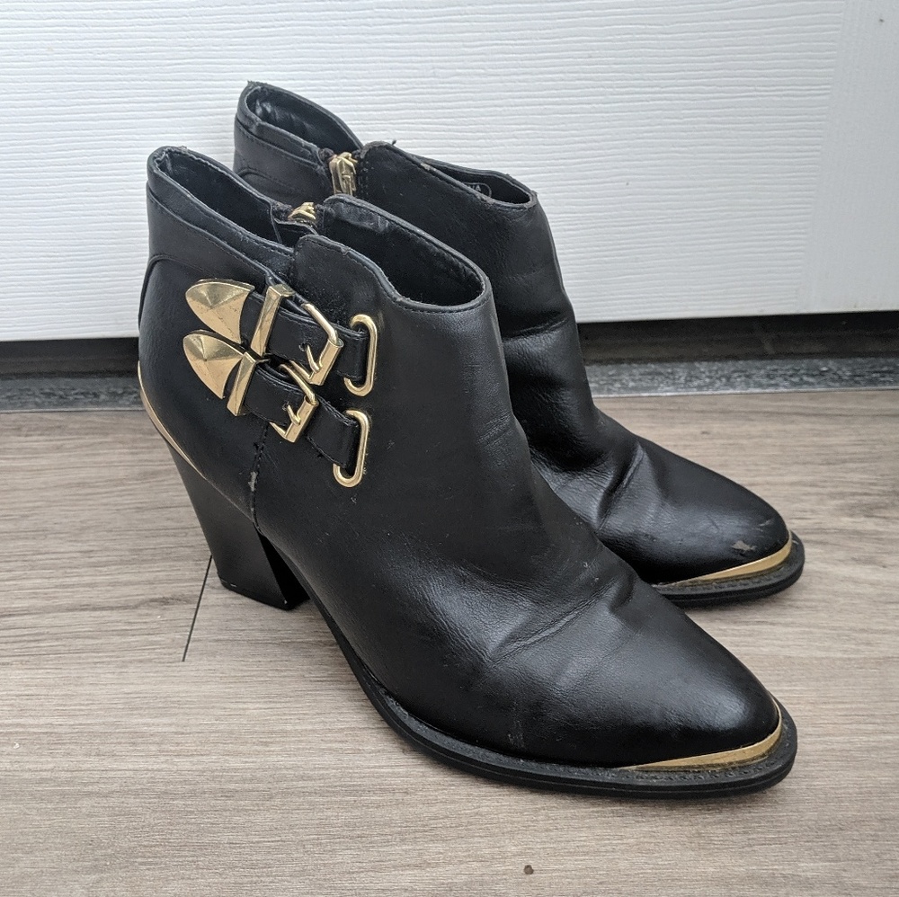 Black Vegan Ankle Boots w/ Gold Accents and Buckle